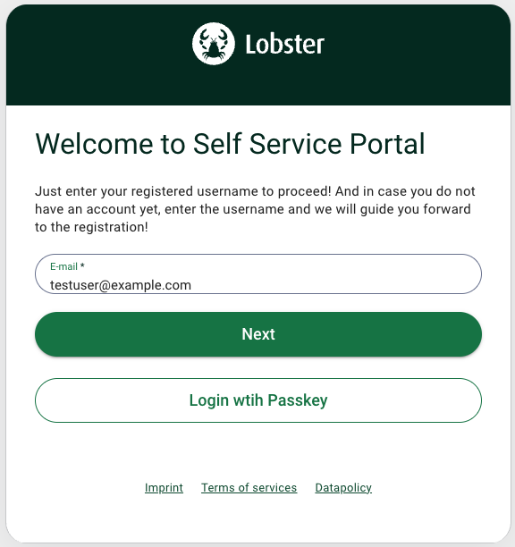 Login screen for Lobster Self Service Portal with email input and navigation options.